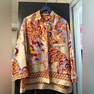 Zara Satin Style Button Down Shirt Orange Purple Disco Print Size L